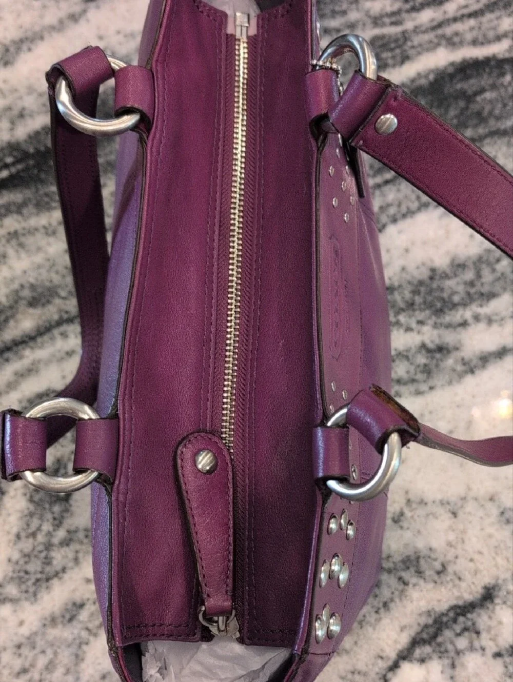 COACH Zoe Purple Glove-tanned Leather Studded Shoulder Bag